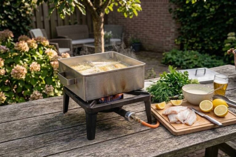 RVS visbakpan op een vuurkorf