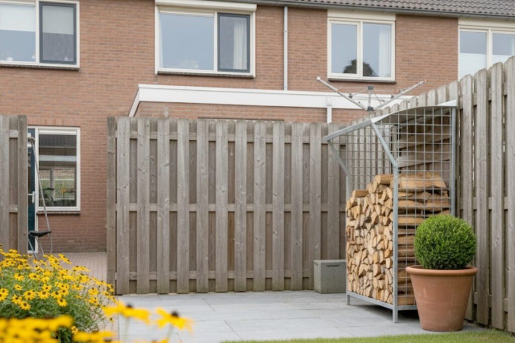 Houtopslag met verticale latten die aansluit op de tuinafscheiding