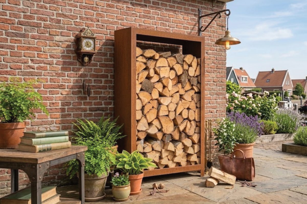 Cortenstalen houtopslag als strak vormgegeven element in een tuinontwerp
