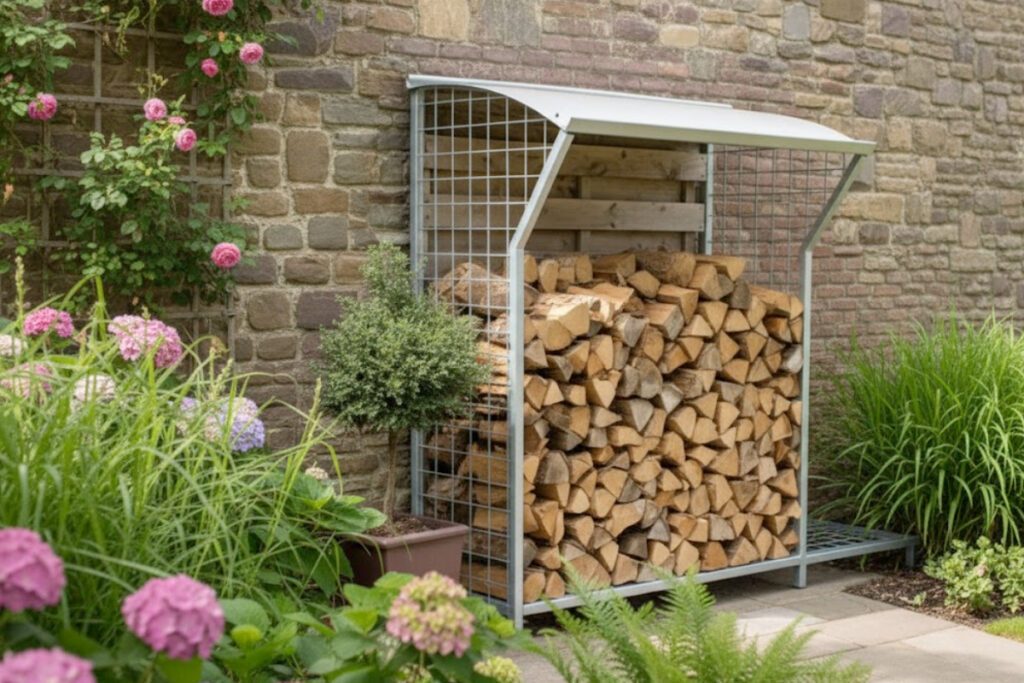 Vrijstaande stalen houtopslag in de tuin met bloeiende beplanting eromheen