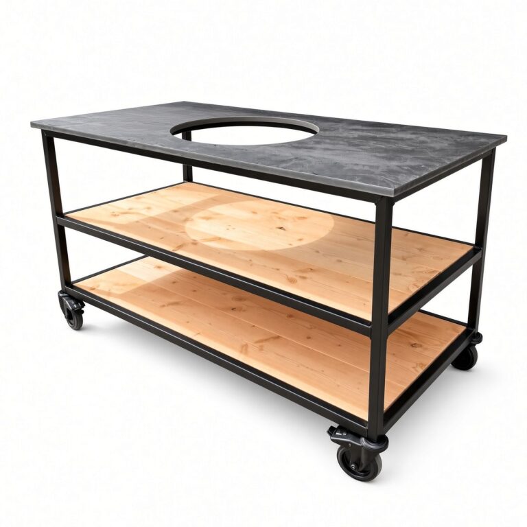 Stalen BBQ tafel op maat met uitsparing voor kamado en houten legplanken
