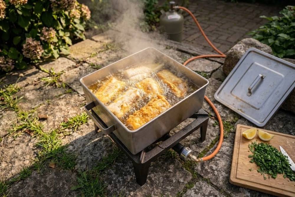 Detail van het gladde RVS oppervlak van een visbakpan op maat